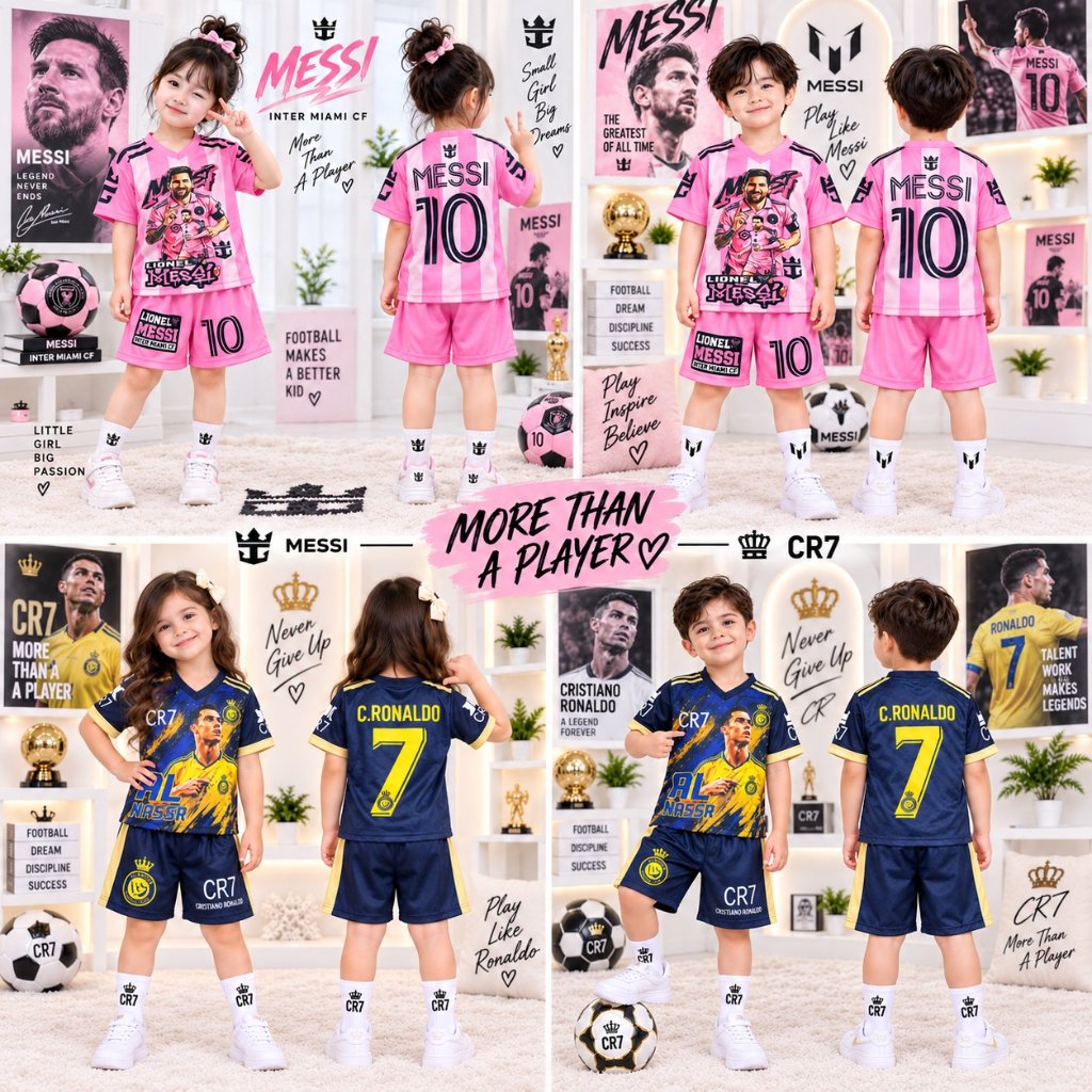 Inter Miami (Messi 10) & AL-NASSR (CR7 7) เสื้อฟุตบอลและกางเกงขาสั้นเด็กพร้อมนักเตะสําหรับอายุ 2-10 