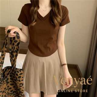 [ Venyae ] Baju Crop Top Oval Spandek Wanita V Neck Casual Kekinian /Kaos Cewek Slim Fit Harian Santai Nyaman Adem dan Elastis