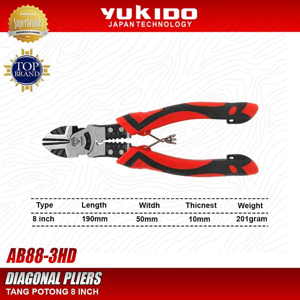 YUKIDO คีมตัดมัลติฟังก์ชั่น 8"INCH คีมปากเฉียง AB88-3HD