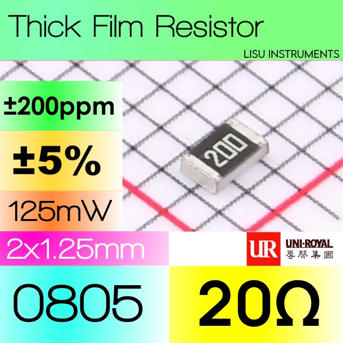 20R 085 ±5% 20Ω ตัวต้านทานแบบหนา SMD 200 08805W8J0200T5E UNI-ROYAL