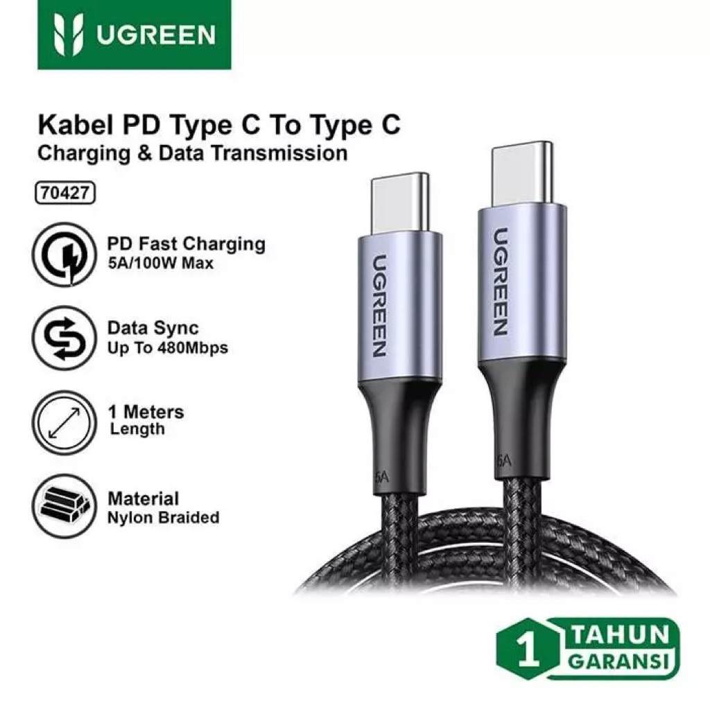 UGREEN Data Charger Cable Type C to Type C Fast Charging 100W 5A Nylon Braided 70427 Metallic