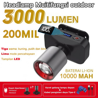 Senter Kepala Zoom Super Terang Tampilan Digital Awet Anti Air Headlamp Outdoor 3000Lumen 3 Mode Cahaya USB-C