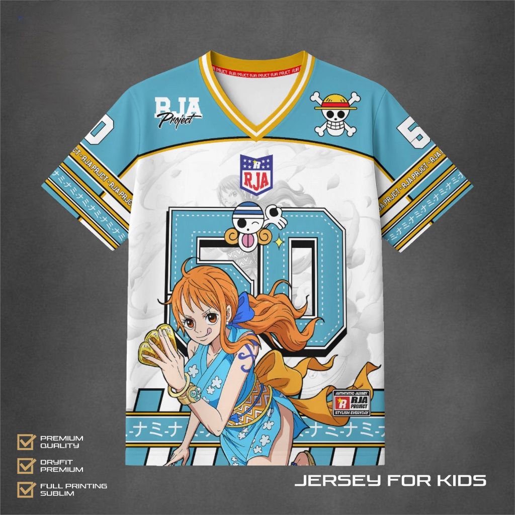 เสื้อสตรีทแวร์อนิเมะนามิวันพีซ | Nami Kids Edition Premium One Piece Anime Jersey พิมพ์เต็ม