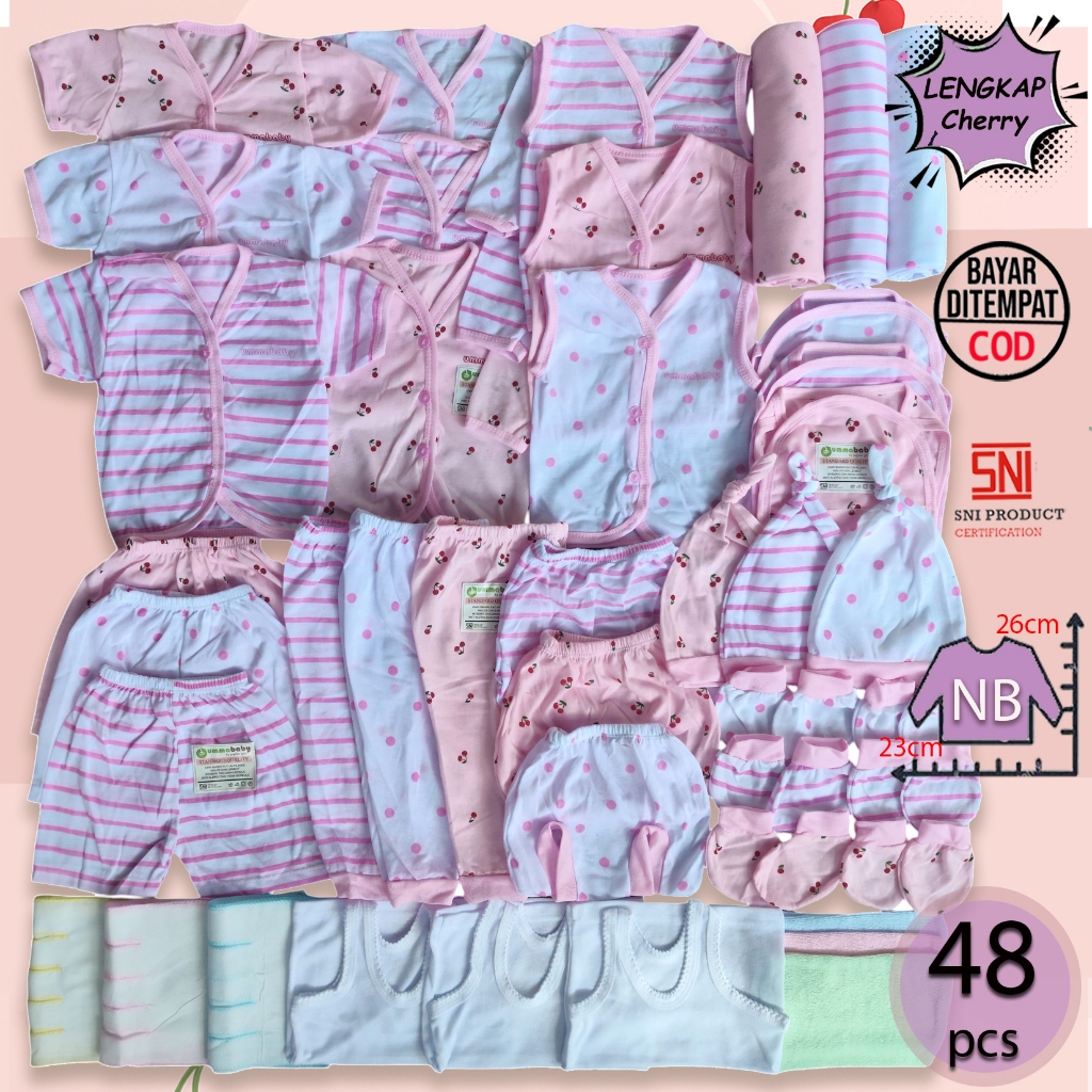 Ummababyshop 48 ชิ้นทารกแรกเกิดเสื้อผ้าชุด SNI ทารกแรกเกิดอุปกรณ์แพคเกจ New Born 0 3 หญิงชายผ้าเช็ดตัว Swaddle เสื้อยืดผ้าอ้อม Octopus หมวกถุงมือฟุตชุดแขนยาวสั้น Kutung เชอร์รี่สีชมพู