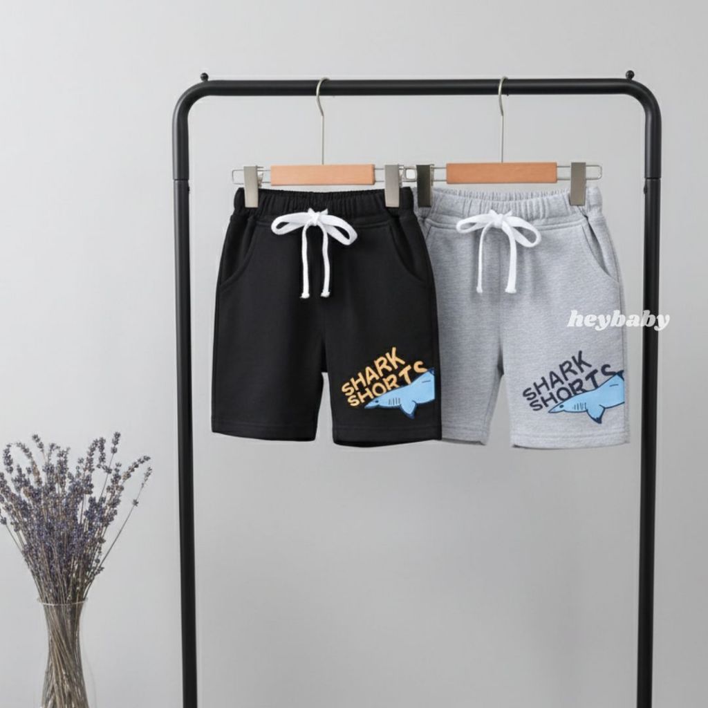 HEYBABY-Password Shark Sport Pattern Shorts, กางเกงจ็อกเกอร์สําหรับเด็ก 1-7 ปี