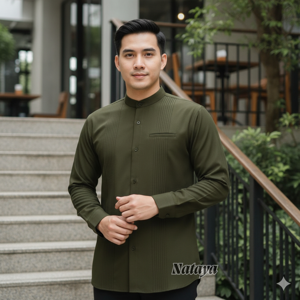 KATUN เสื้อเชิ้ตผู้ชายแขนยาวปักลาย Abyan Motif สีกองทัพ วัสดุผ้าฝ้าย Toyobo พรีเมี่ยม เท่