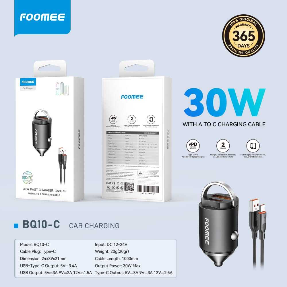 Foomee BQ10-C ที่ชาร์จแบตในรถ Dual Port QC+PD 30W ชาร์จเร็ว + สายเคเบิลข้อมูล Type-C 1M