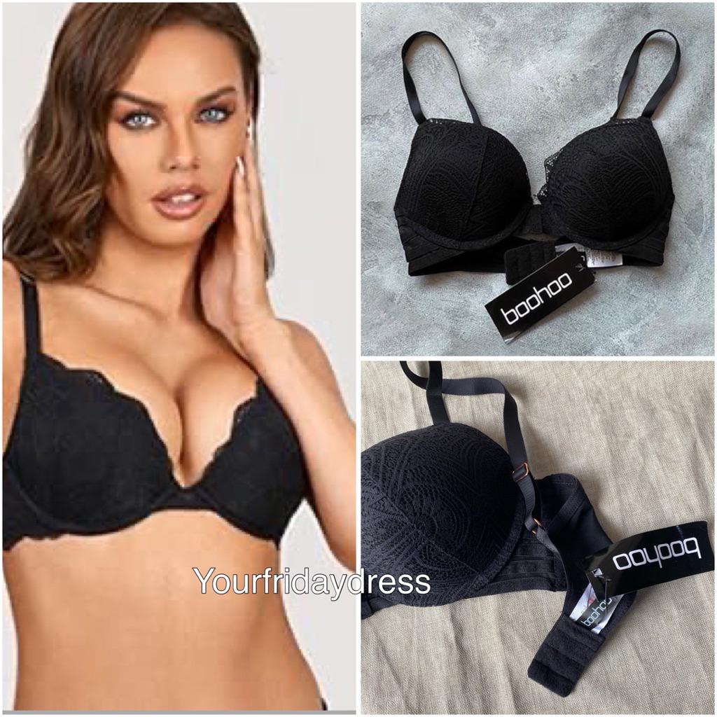Boohoo Black Stretch Lace Non-Padded Underwired Bra Jumbo Big Cup (Cup Dd, DDD,E,F) พร้อมแผ่น Straps