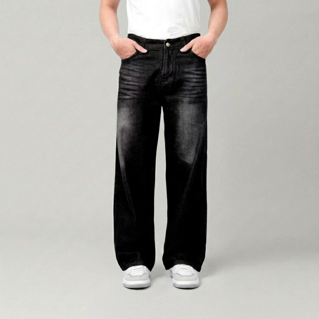 EMKAA - กางเกงหลวมผู้ชายตรง Baggy กางเกงยีนส์ Oversize Wide Baggy Jeans Skena Black Wishker