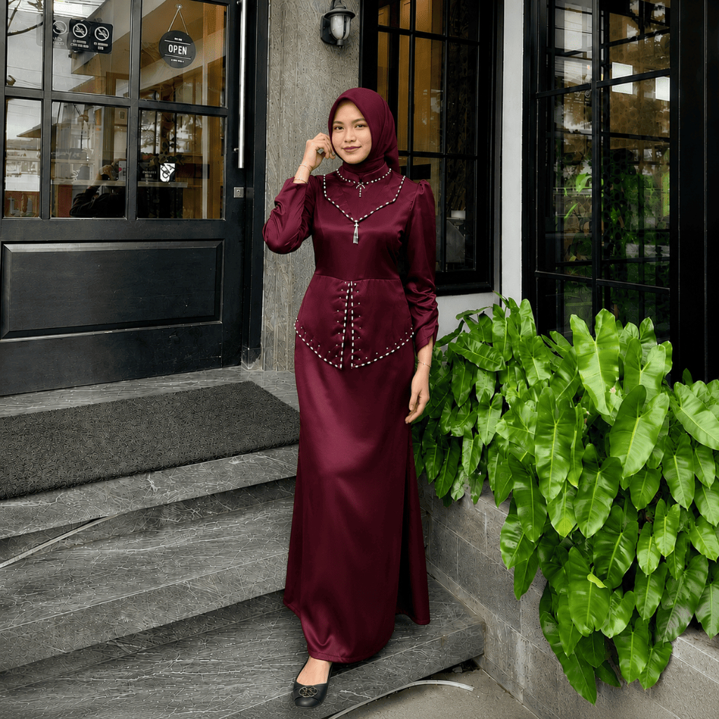 KAMILA DRESS SATIN SILK PREMIUM PLAIN GAMIS WITH PEARL SEQUINS MAYUNG SIMPLE ELEGANT OUTFIT สําหรับ 