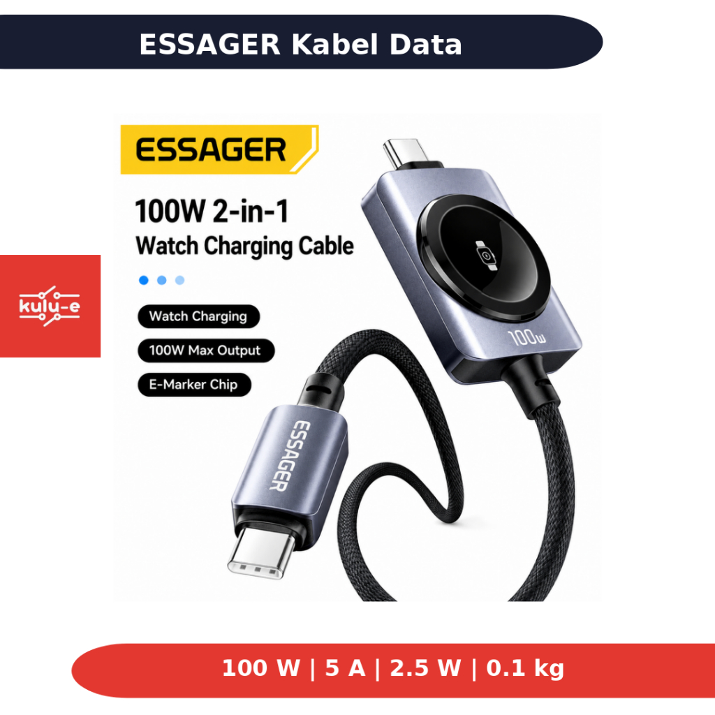 ESSAGER Apple Watch Wireless Charger ประเภท C 5A 1M ES 100W 2in1 X82 สายเคเบิลข้อมูลสีเทา