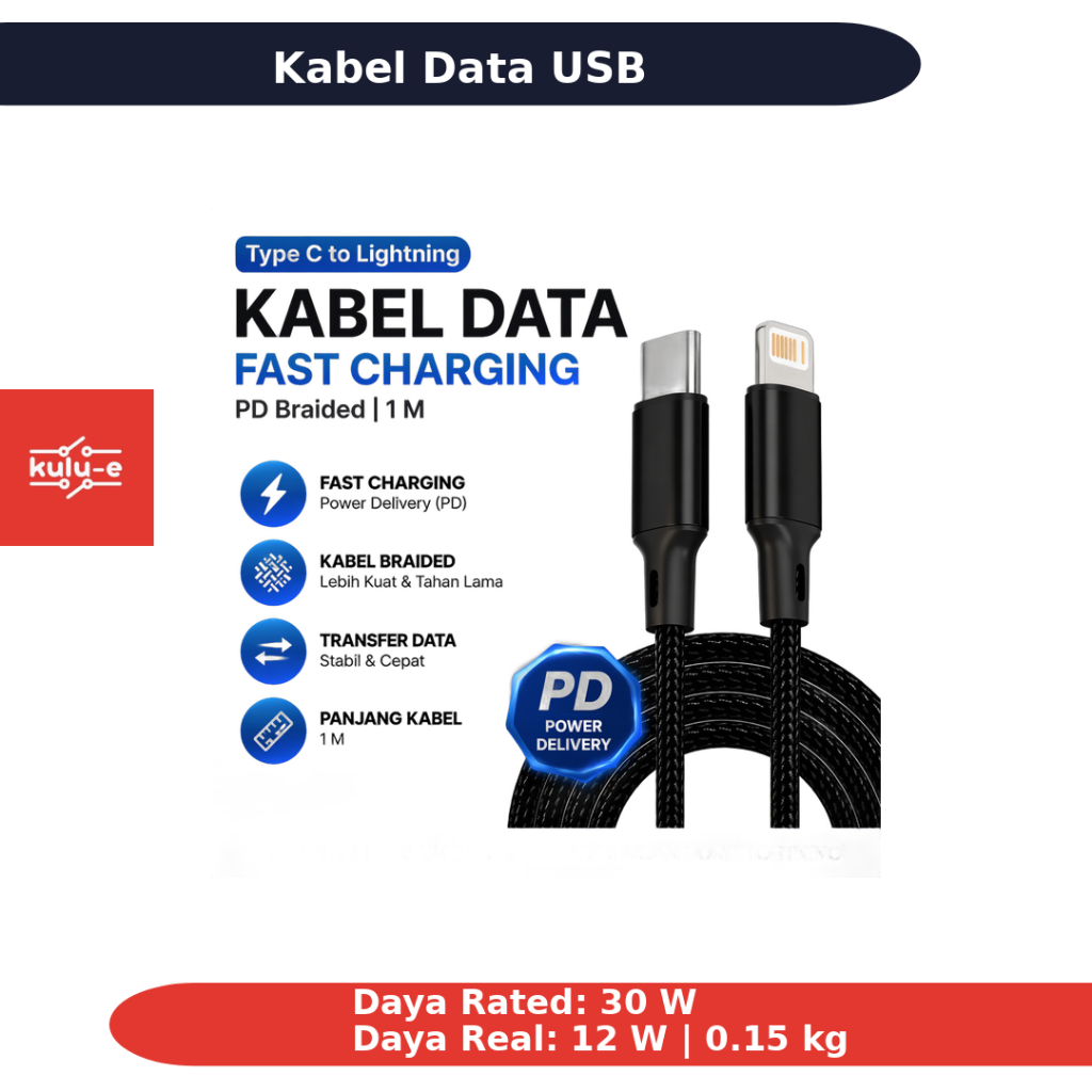 DX USB Type C To Lightning Fast Charging Braided PD Data Cable 1M INU53 30W สีดํา
