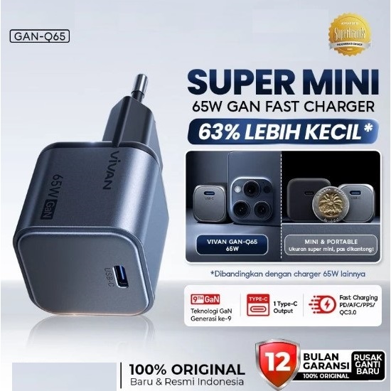 VIVAN Smart Charger GaN 65W Turbo Fast Charging Output GaN-Q65 GaN โลหะ Type-C รองรับแล็ปท็อปโทรศัพท