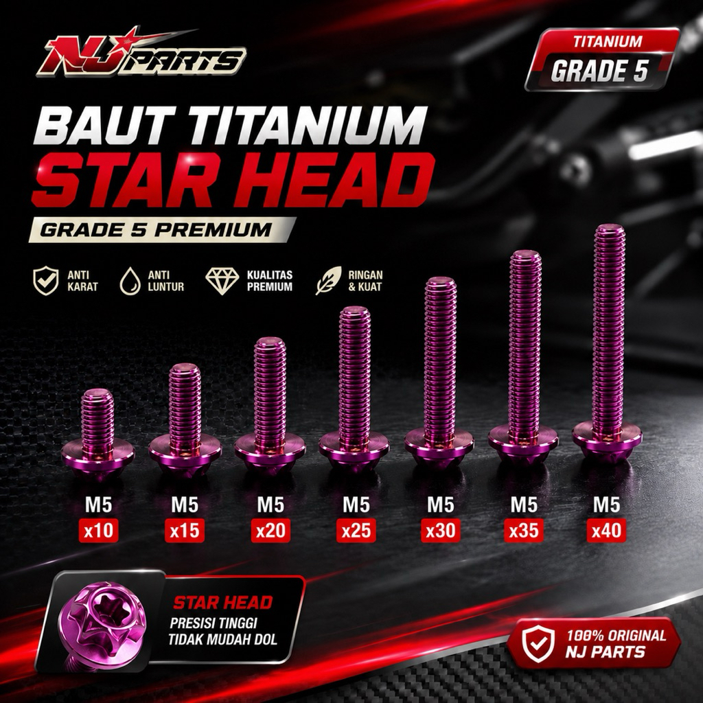 NJPARTS M5 STAR5 TITANIUM BOLT 8 THREAD LENGTH 1CM-4CM ORIGINAL GRADE 5. BODY TANK VISOR BOLT ETC.