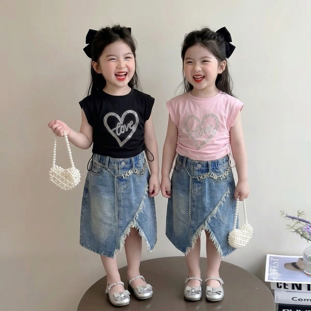 KATUN EDA OFFICIAL STORE 002 2-12 ปีฟรีเข็มขัดชุดกระโปรงเด็กผู้หญิงผ้าฝ้ายกางเกงยีนส์กระโปรงด้านล่าง