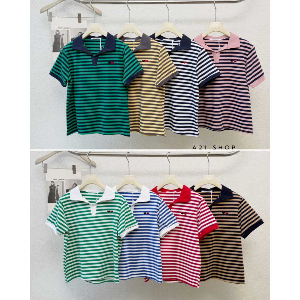 KATUN A21 SHOP A21SHOP CHOM - เสื้อยืดผ้าฝ้ายผู้หญิงพร้อม STRIPE MOTIF, LOVE VALENTINE HEART EMBROID