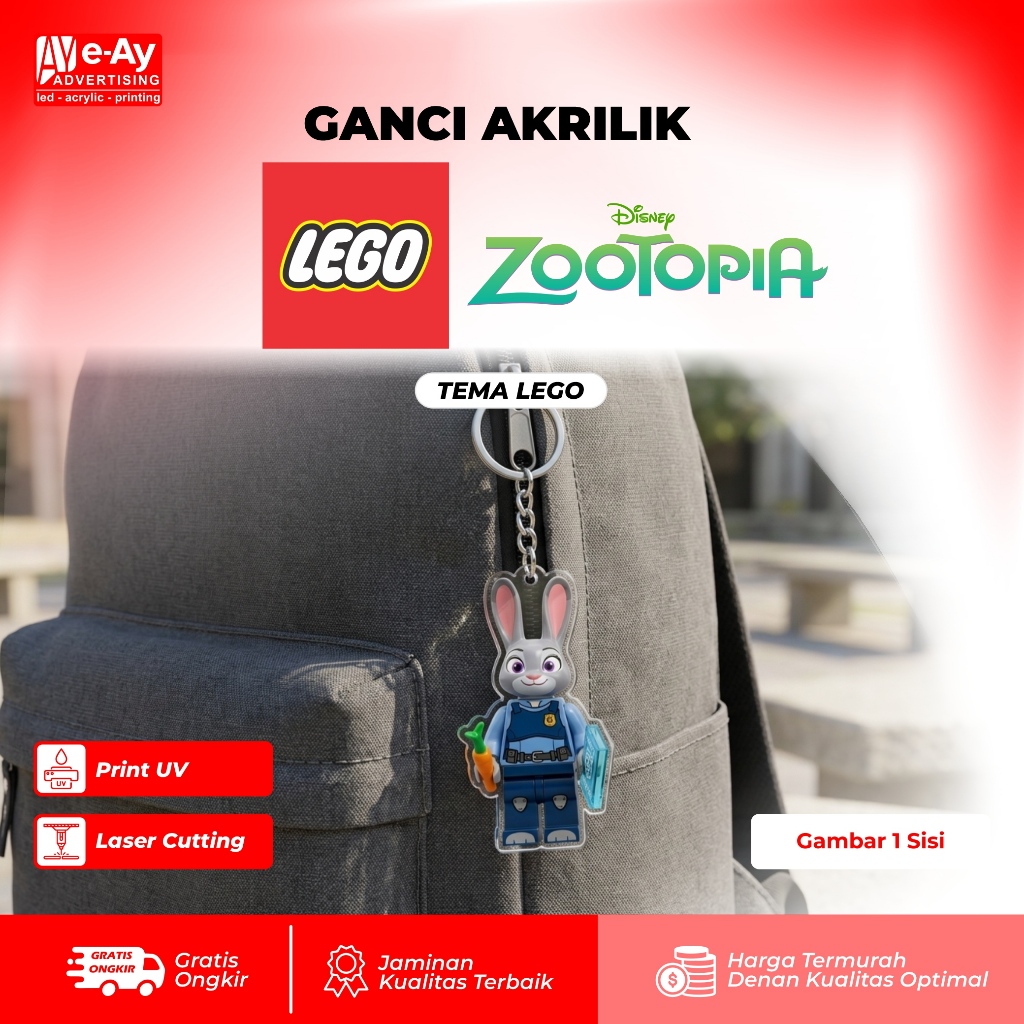 พวงกุญแจอะคริลิคพรีเมี่ยม ทนทาน – พวงกุญแจอะคริลิค LEGO X ZOOTOPIA | เอยาดอร์ตี