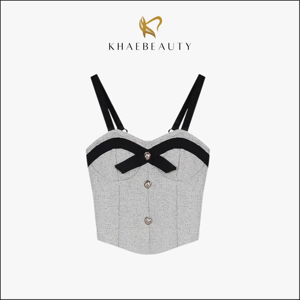 KHAEBEAUTY เสื้อกล้ามผู้หญิงพร้อมปุ่มริบบิ้น Crop Top Bustier Slim Fit สไตล์เกาหลี Casual BR206