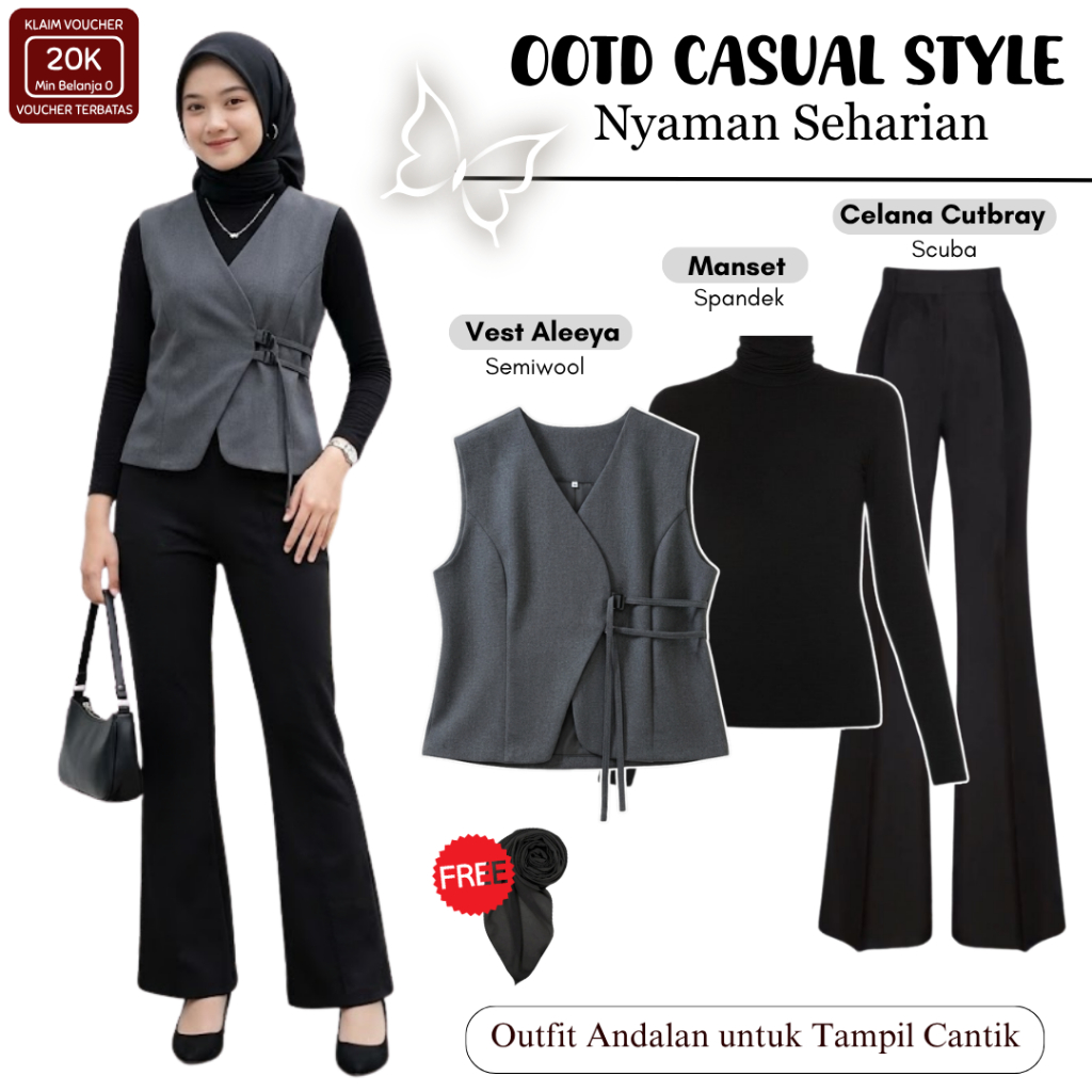 สไตล์ลําลองเกาหลี | Aleya เสื้อกั๊ก + Cuff + กางเกง Cutbray | ชุดอินเทรนด์ 2026 | AF - 33