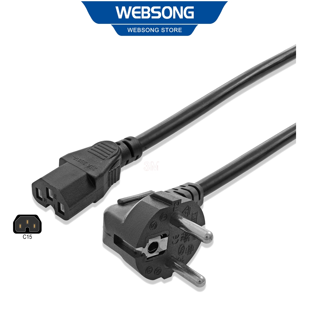 C15 ถึง EU สายไฟ 1.8M 3M 5M 3x2.5mm OD8.5 250V 10A 16A 20A WEBSONG