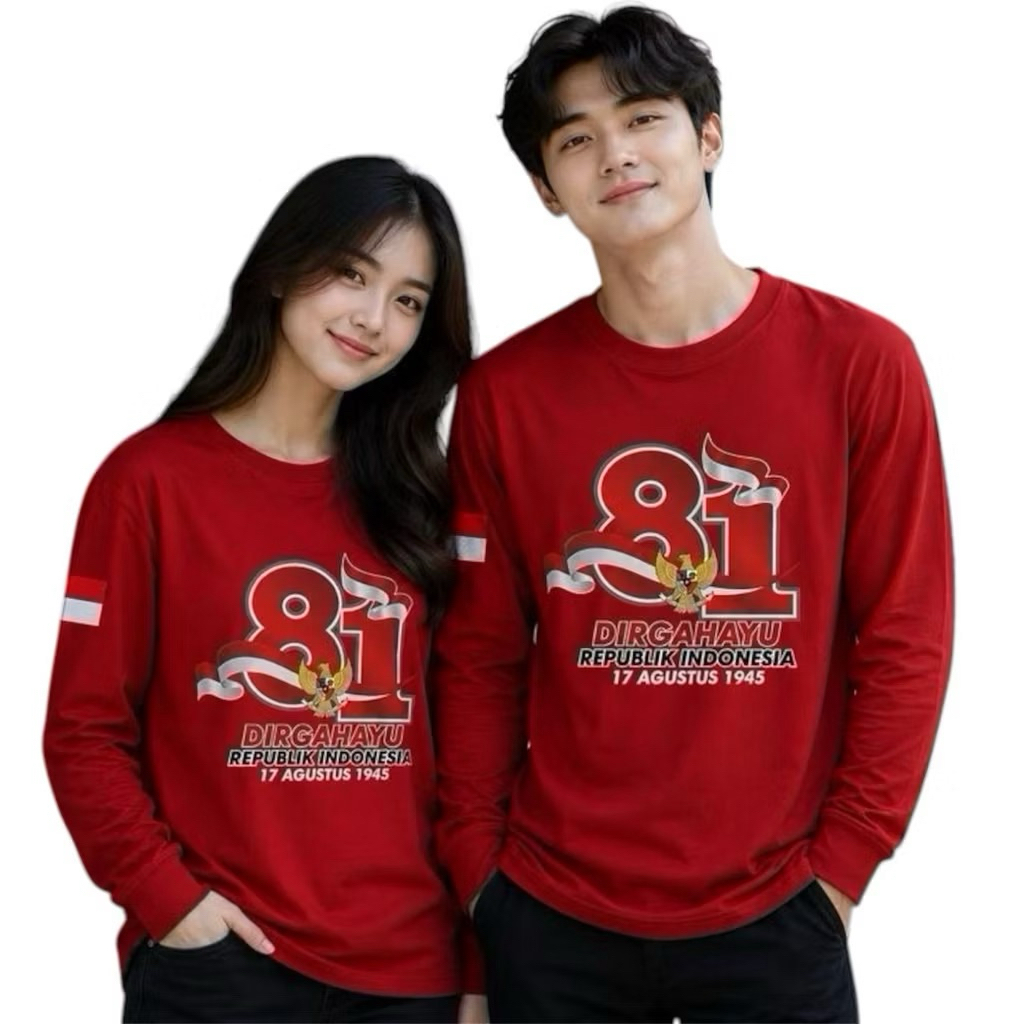 MERAH เสื้อยืดผู้หญิงแขนยาวสีแดงอินโดนีเซีย Top August 17th Happy Republic of 8th Anniversary / Augu