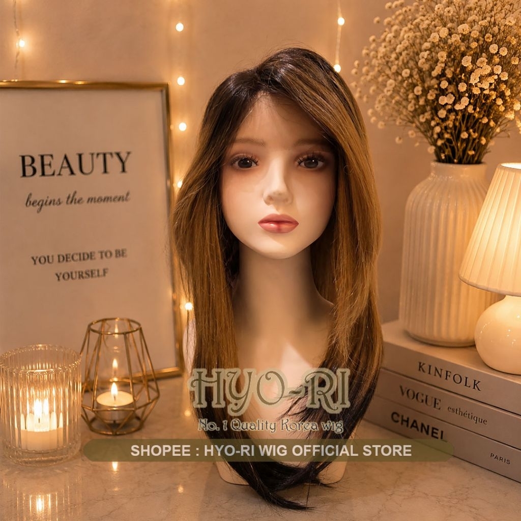 HYO-RI WIG : FRONT LACE WIG WOMEN MEDIUM STRAIGHT LAYER OMBRE BROWN BLACK PREMIUM NATURAL DAILY WIG 