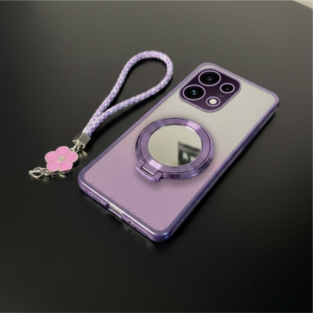 Oppo Reno 16F / 16 5G เคสกระจกแหวนแวววาวหรูหราฟรีเชือกเส้นเล็กดอกไม้