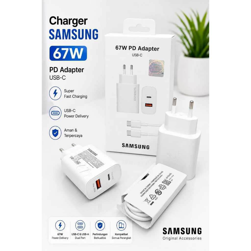 TC TRAVEL CHARGER SAMSUNG 67W Adapter 2 PORT USB & TYPE C CABLE C TO C FAST CHARGING ORIGINAL / เครื
