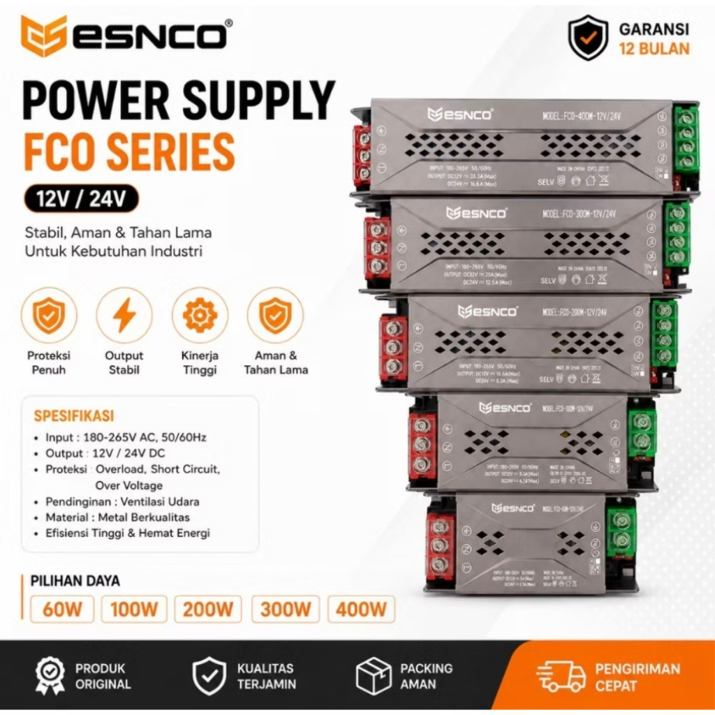 ESNCO Power Supply Transformer Slim Adapter 12V 60W 100W 200W 300W 400W