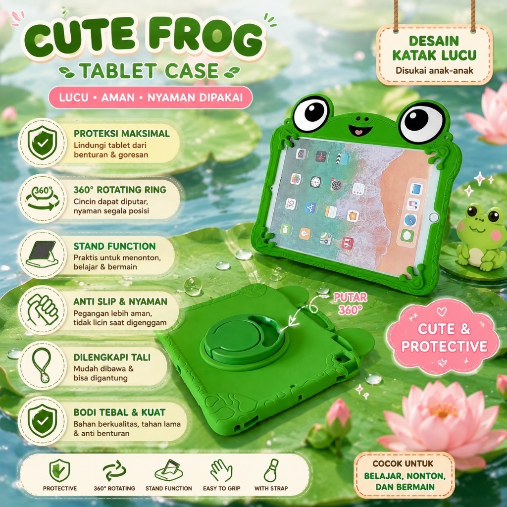 เคสซิลิโคน Softcase Disney Lilypad กบ Gemoy 3D Motif Lanyard ยืนสําหรับ Samsung Tab A11 8.7/A11 + Pl