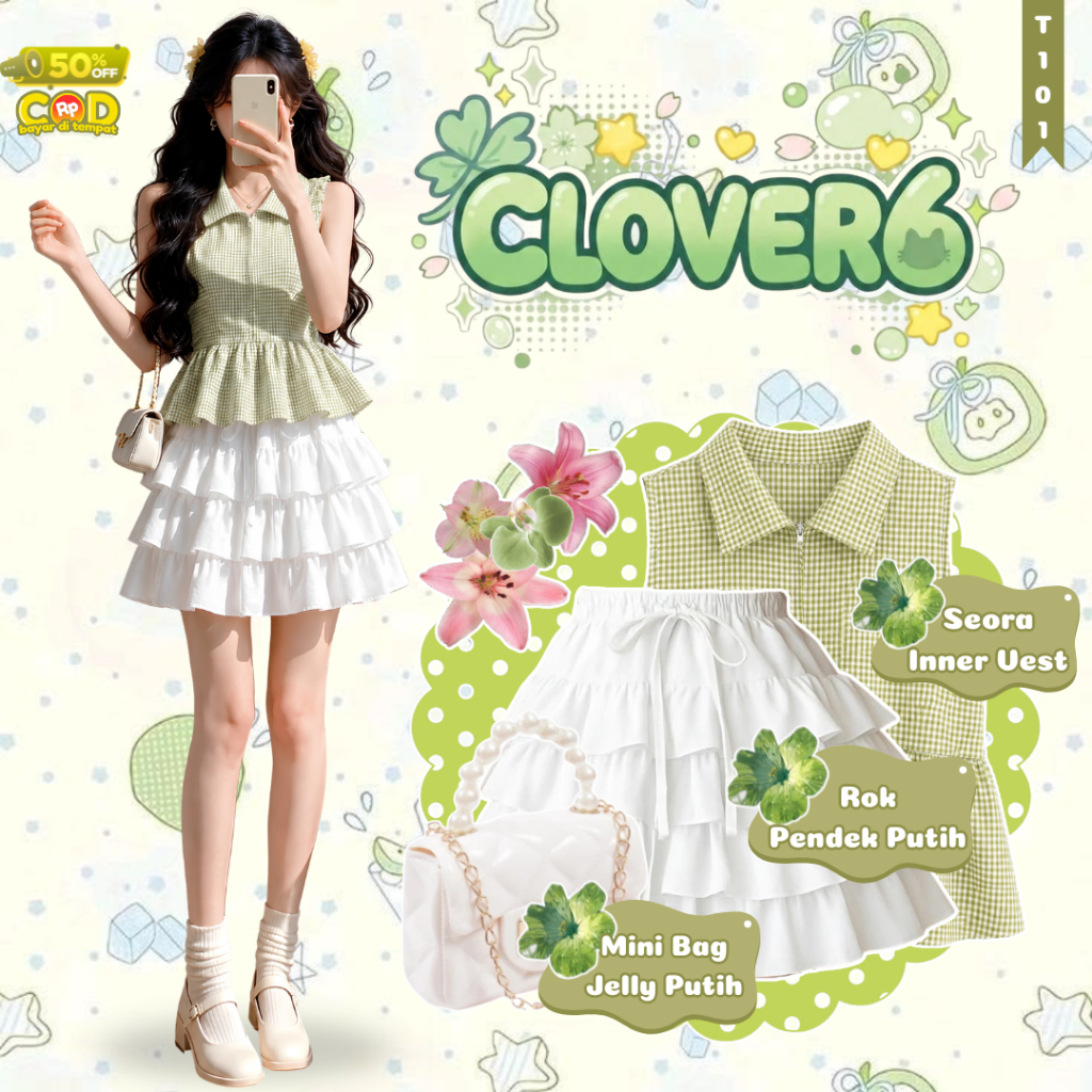 Matcha Garden Set Bundle 3in1 อินเทรนด์ผู้หญิงสไตล์เกาหลี - (เสื้อกั๊กด้านใน + กระโปรงสั้นสีขาว + Je