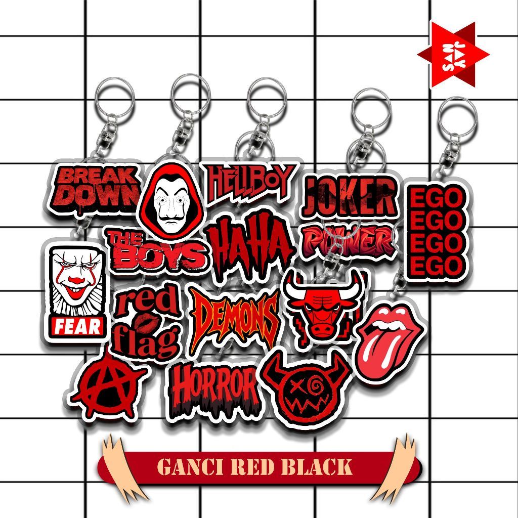 RED BLACK ใหม่ล่าสุดพวงกุญแจ VIRAL RED BLACK KEYCHAIN EGO RED FLAG HORROR ROLLING STONE HAHA HELLBOY