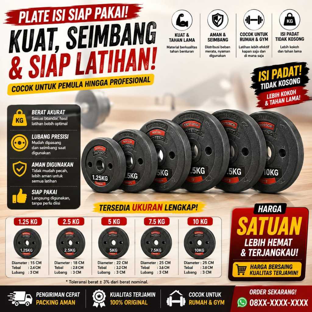 READY TO USE PLATE Barbell Dumbell Plate POTENCE Plate Barbell Dumbbell 1.25kg เส้นผ่านศูนย์กลาง 3CM