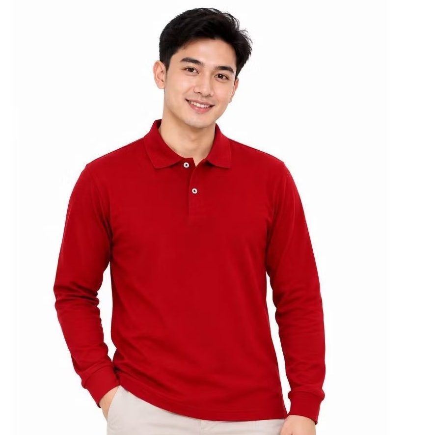 MERAH RED LONG-SLEEVED POLO SHIRT - RED PLAIN POLO COLLAR - WANGKY KRAH mens T-SHIRT