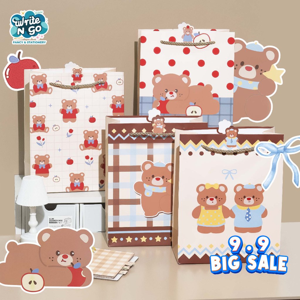 [1 PCS] Bear Motif Paper Bag 24.5 X 19.5 X 9.5 CM สําหรับของขวัญวันเกิด Bag Shop Hampers Premium - K