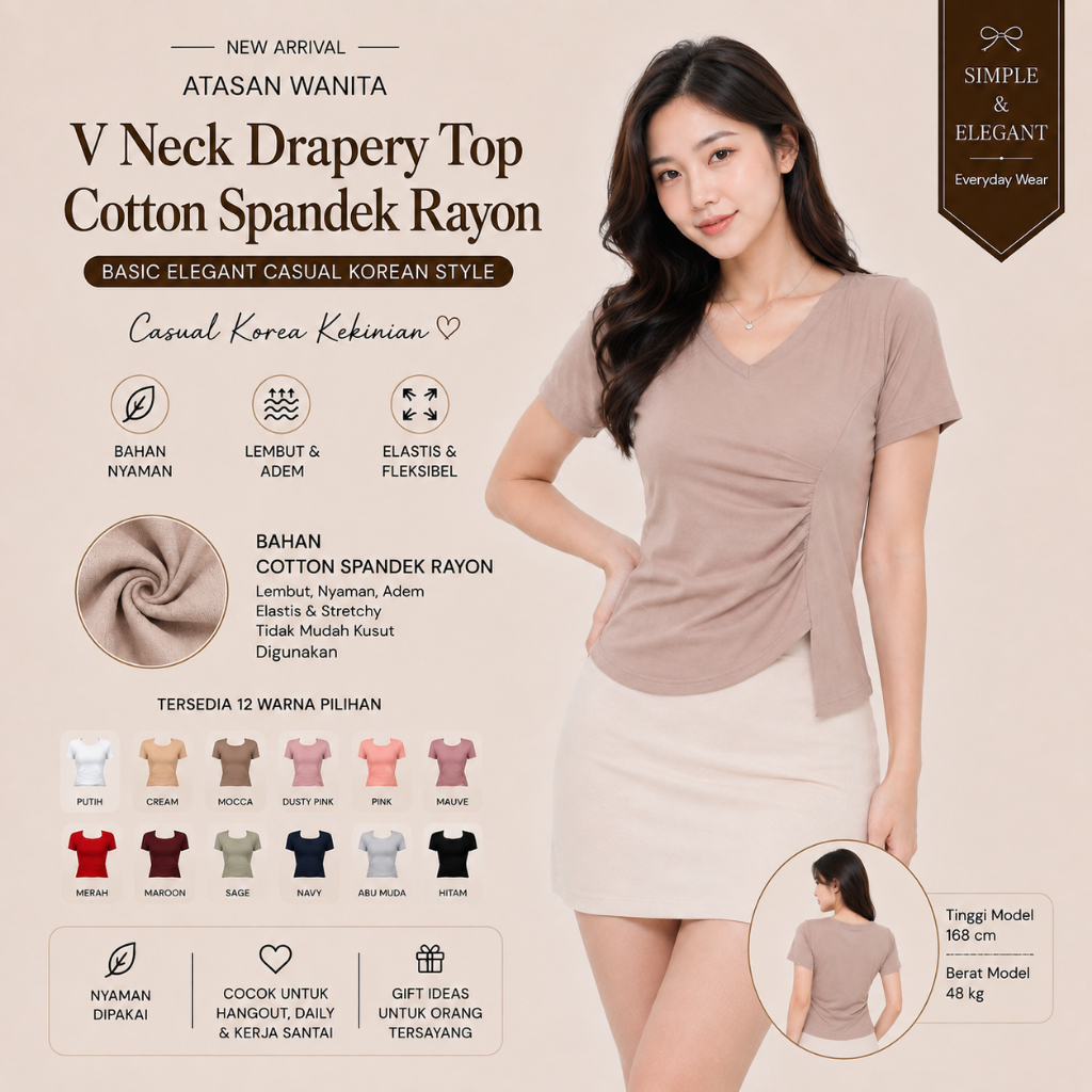 A2BP MR033 ผู้หญิงผ้าฝ้ายสแปนเด็กซ์เรยอนแขนสั้น V คอ Drapery ลําลองสไตล์เกาหลีด้านบน