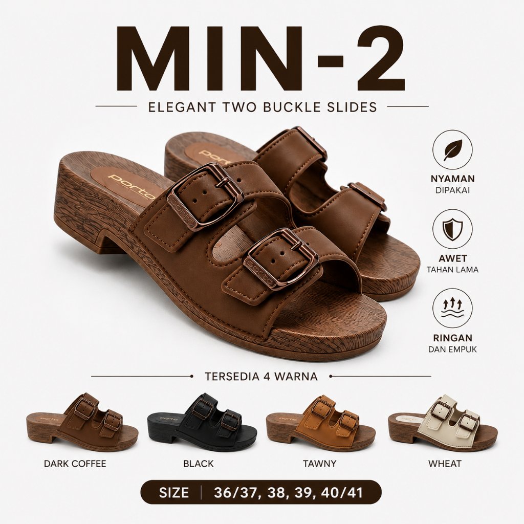 Maryde - รองเท้าแตะผู้หญิง Porta Lady MIN-2 Elegant Two Buckle Slides สีกาแฟเข้ม ขนาด 36/37 38 39 40