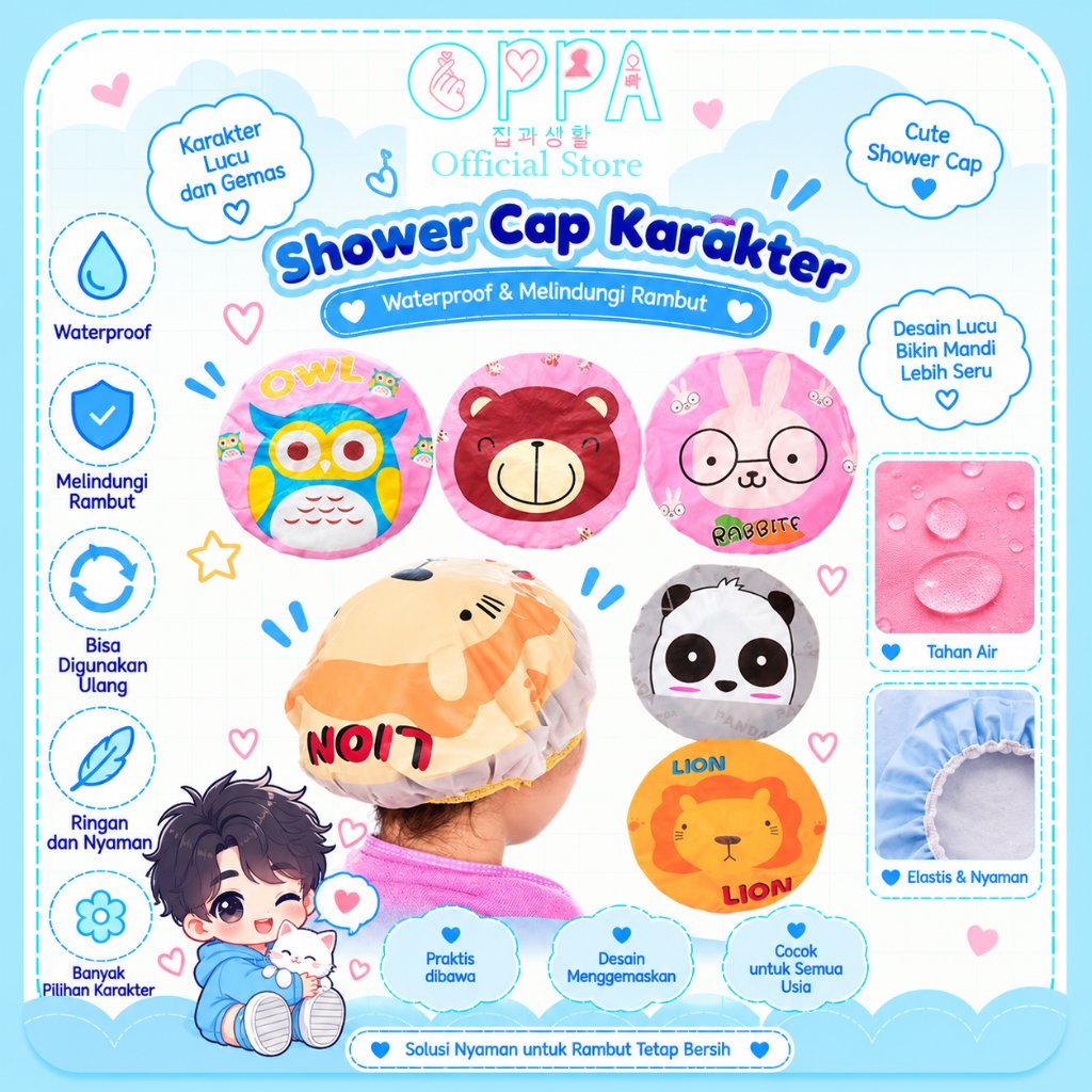 OPPA - WATERPROOF CHARACTER SHOWER CAP ANTI-WET HAIR SHOWER CAP / CUTE CARTOON SHOWER CAP