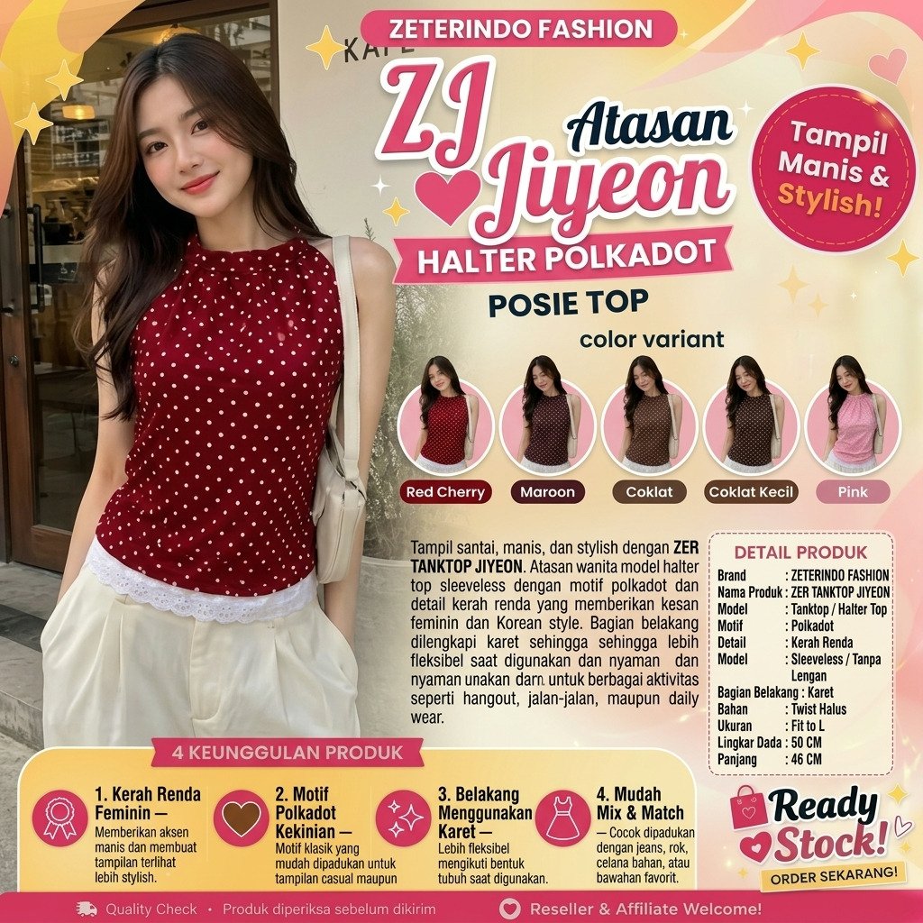 ZETERINDO FASHION - ZER TANKTOP JIYEON Womens Polka Dot Top Maroon Sleeve Halter Top with Lace Colla