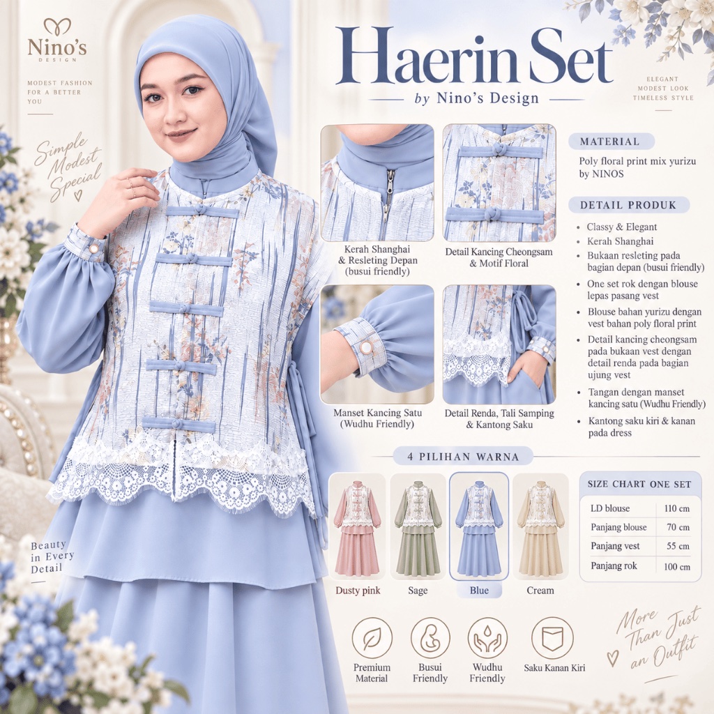 Haerin ชุดโดย NinoBuns Design One Set กระโปรงเสื้อเสื้อกั๊กดอกไม้ Yurizu Busui Wudhu Friendly LD 110