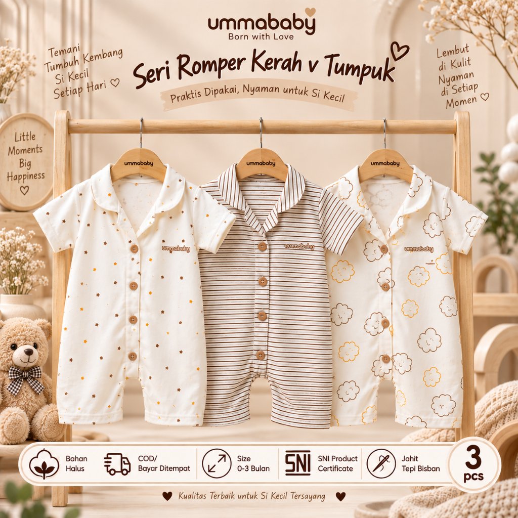 Ummababyshop 3 PCS Baby Romper Square V คอซ้อนทารกแรกเกิด SNI Jumpsuit Sleepsuit ทารกแรกเกิดเสื้อผ้า 0-6 เดือน Unisex ครีม