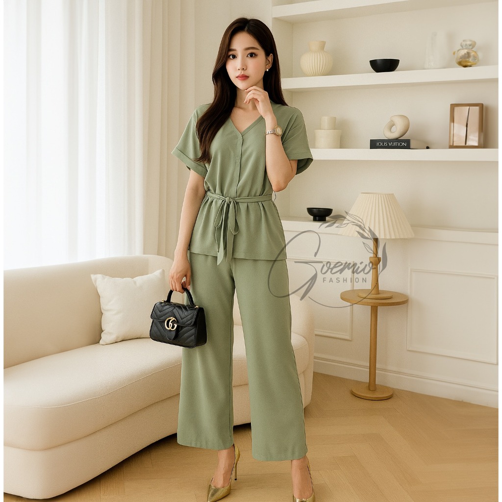 ไอลุค | Cania Set Short Sleeve Top Spandex Material และกางเกงขายาวลําลองผู้หญิง