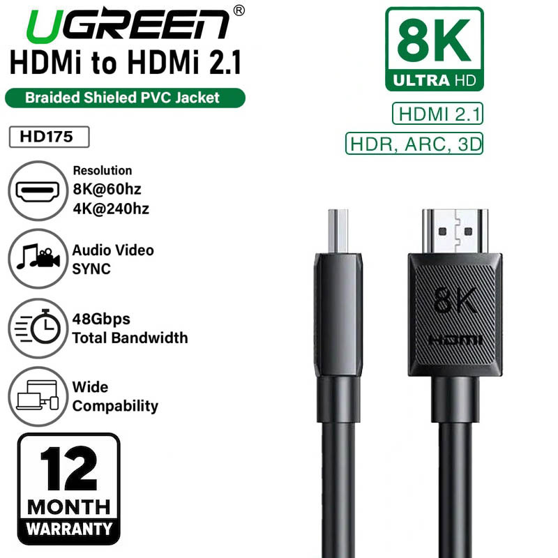Ugreen 4543 HDMI to HDMI 2.1 สายชาย 4K 120hz 8K 60hz 48Gbps 100cm 200cm 300cm 500cm - สําหรับอะแดปเต
