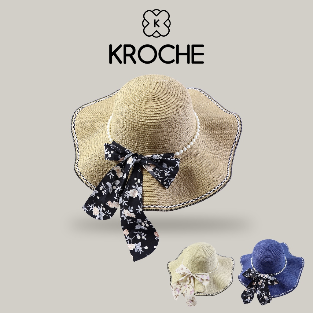 Kroche Wave Beach Hat UV Protection Ribbon Pearl Accent Flower Beach Hat