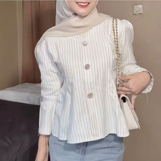 Arika Blouse Stripe Atasan Peplum Wanita Salur Lengan Puff Fit Body Fitted-Atasan Wanita Kekinian
