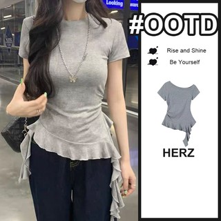 Atasan wanita grey celupan ikat renda lipit bergelombang pita mengembang t-shirt tidak beraturan korean cewek