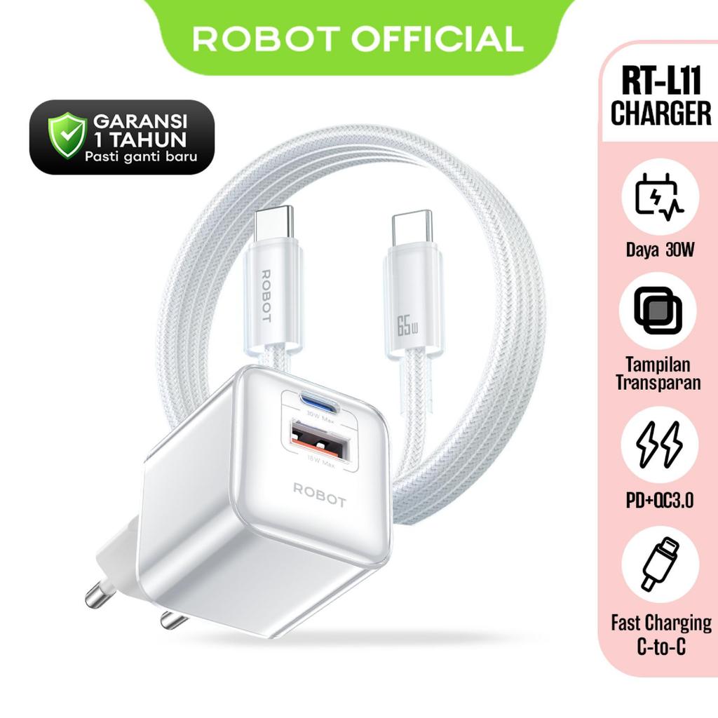 ROBOT Charger Adaptor RT-L11 Dual Port PD+QC3.0 Fast Charging GaN 30W Free Type C to C Cable Ice-Tra