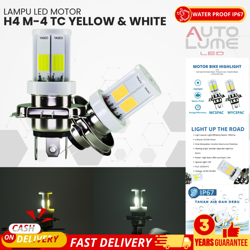 Autolume H4 M4TC โคมไฟ LED สําหรับรถจักรยานยนต์และรถยนต์ CSP 6000LM - ไฟสูง/ต่ํา 30 W/15 W, แรงดันไฟ