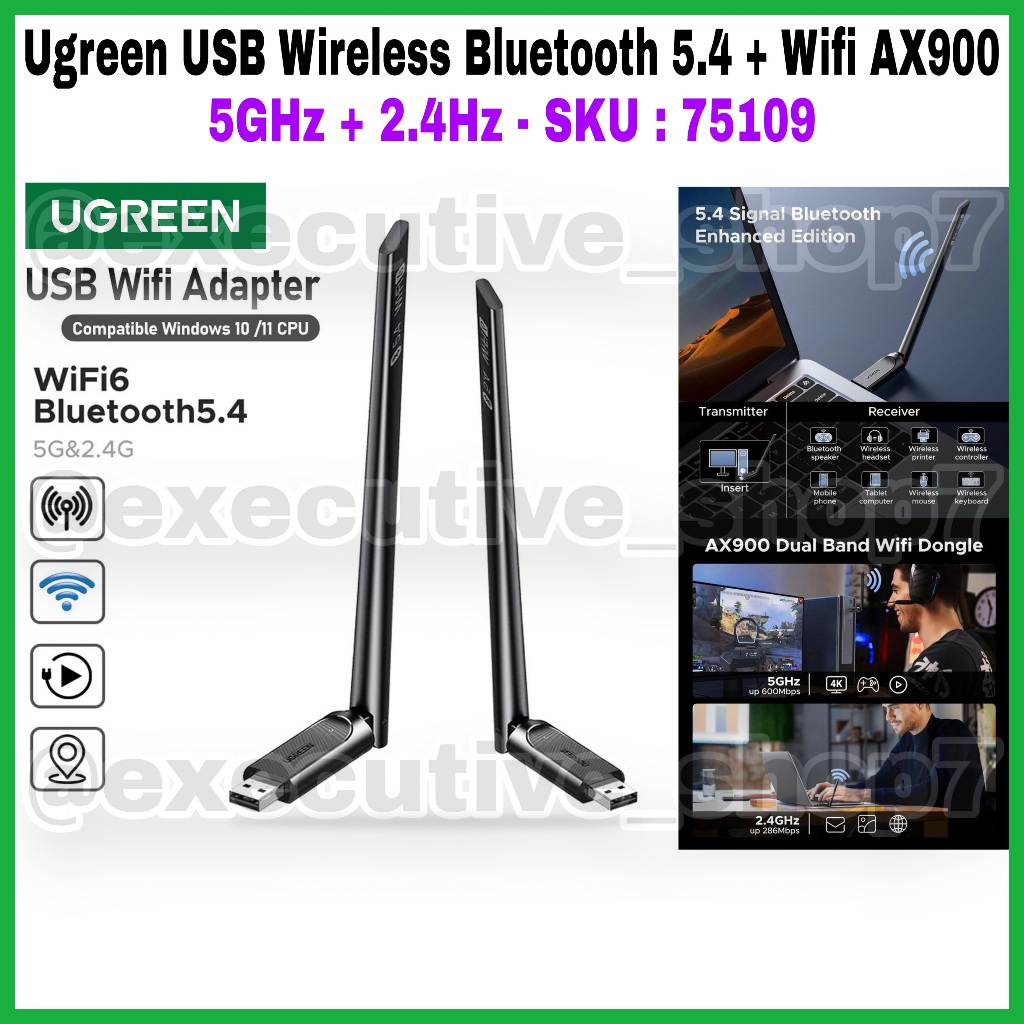 Ugreen USB Wireless Bluetooth 5.4 + Wifi AX900 5GHz + 2.4Hz - SKU: 75109