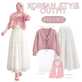 4in1 Set Outfit Remaja Kekinian Feminin Stylish | Cardigan Pevita + Inner + Rok Susun + Hijab |LU141